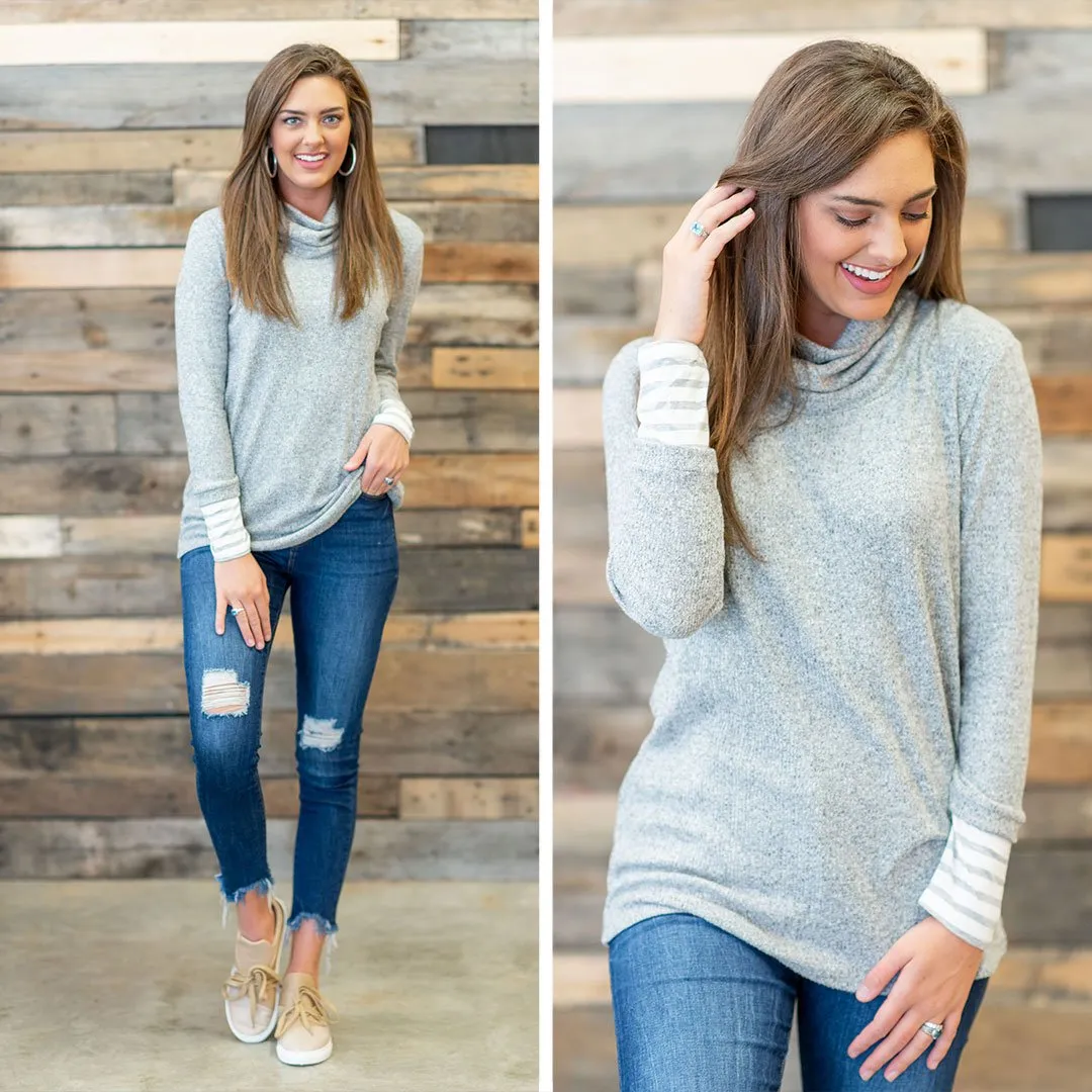 Meet You Here Heather Gray Cowl Neck Sweater