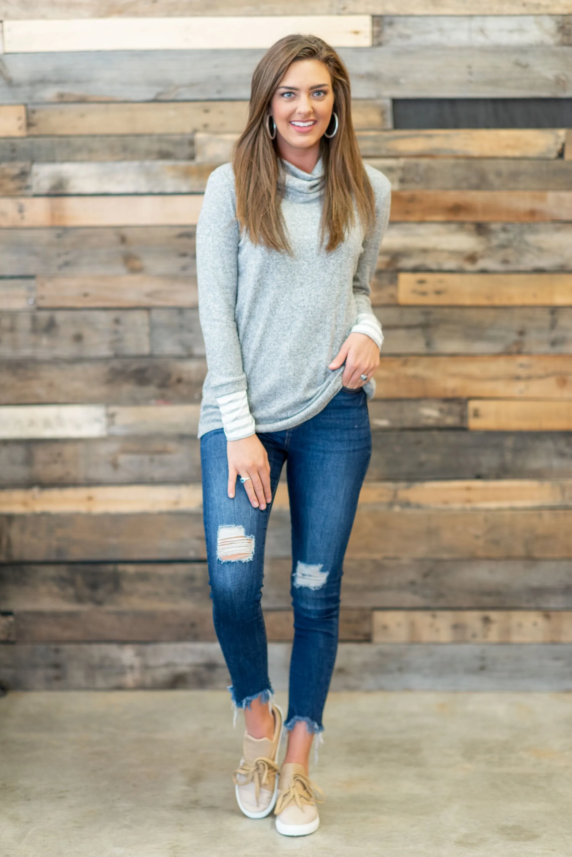 Meet You Here Heather Gray Cowl Neck Sweater