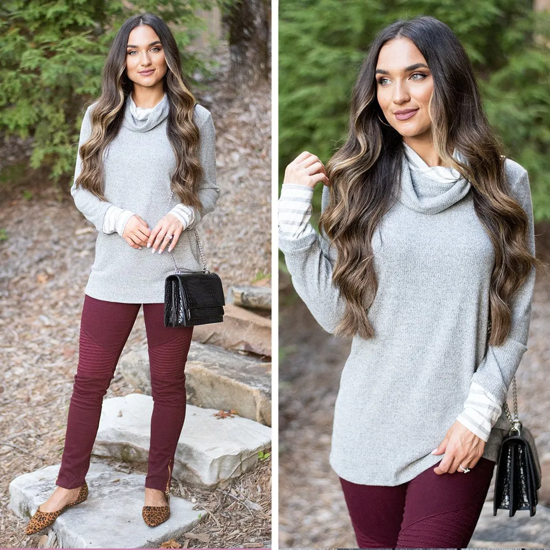 Meet You Here Heather Gray Cowl Neck Sweater