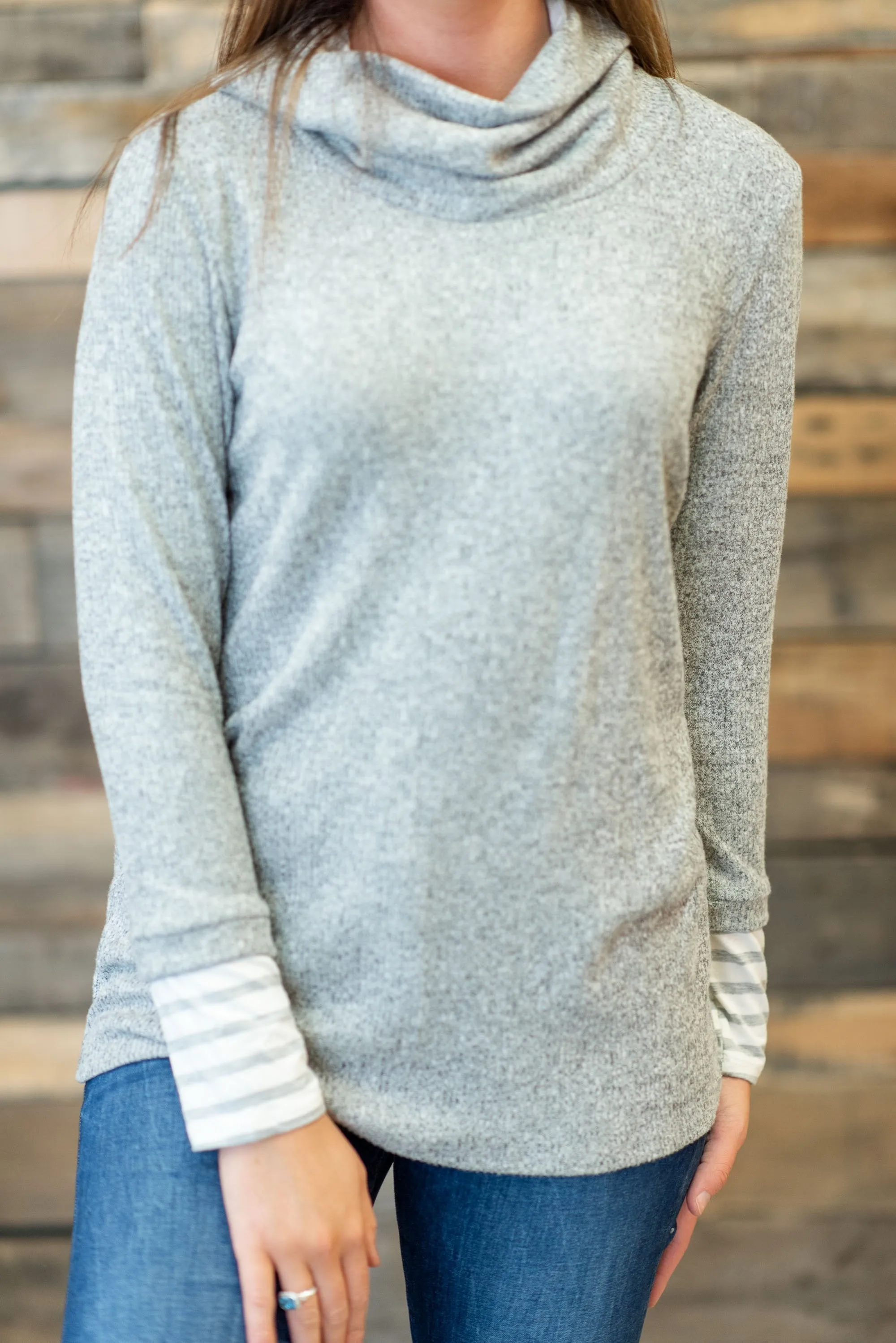 Meet You Here Heather Gray Cowl Neck Sweater