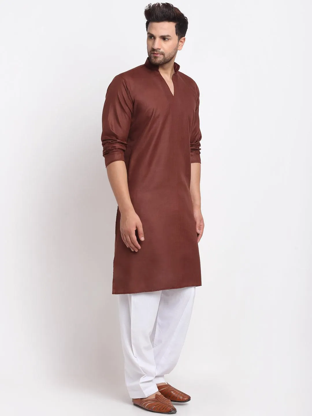 Men's Brown Solid Pathani Kurta With White Salwar - Benstoke