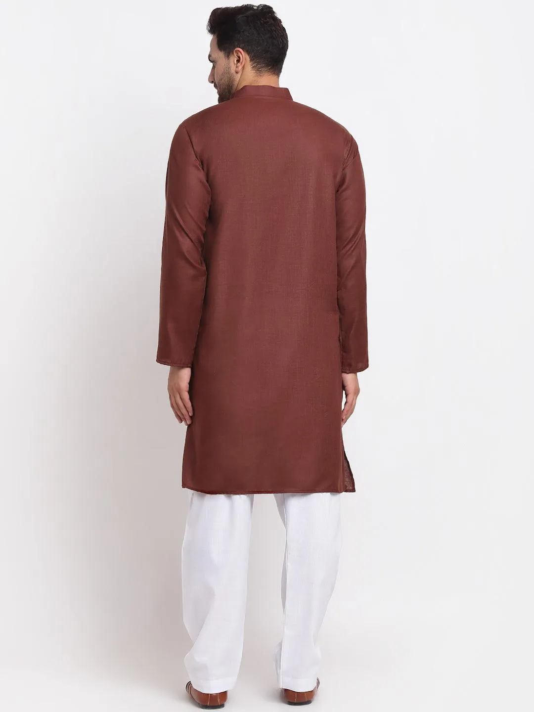 Men's Brown Solid Pathani Kurta With White Salwar - Benstoke