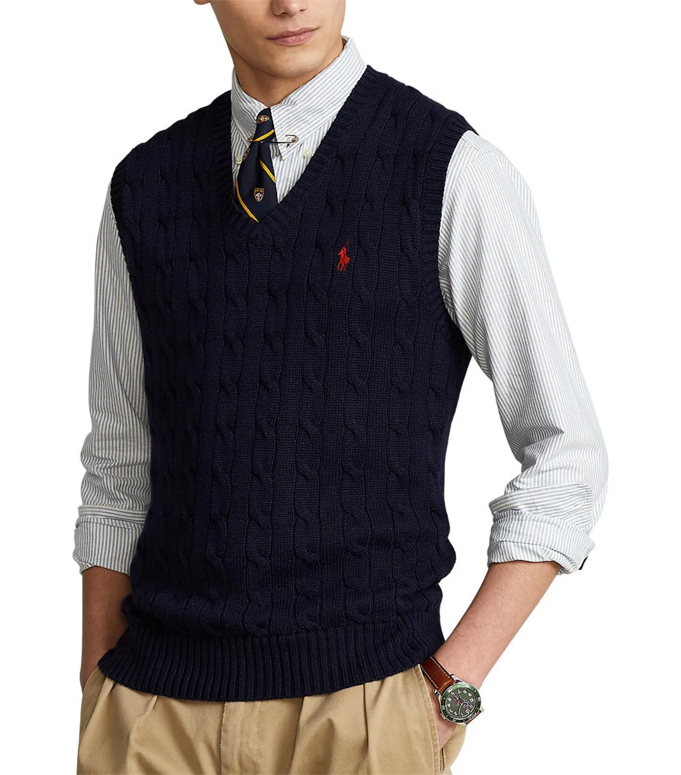 Men's Cable-Knit Cotton Sweater Vest Blue