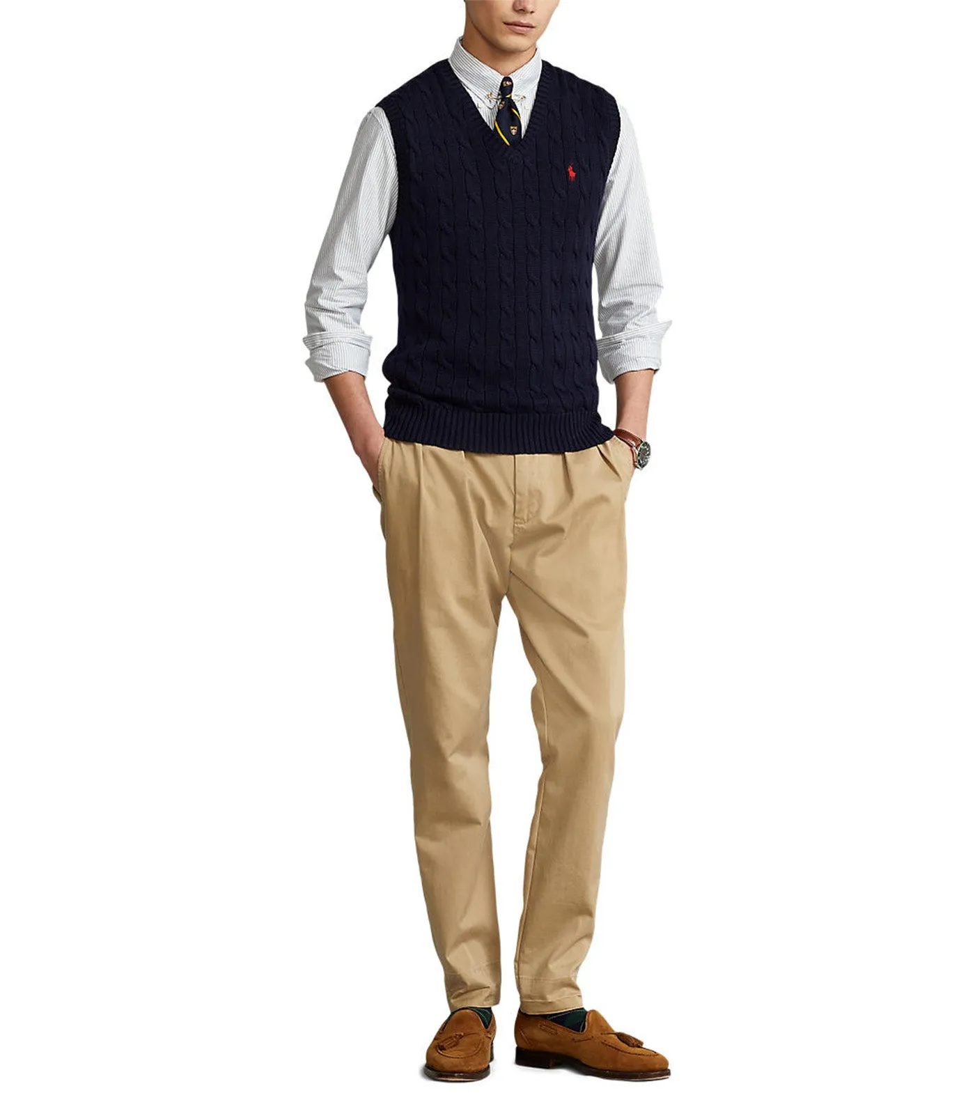 Men's Cable-Knit Cotton Sweater Vest Blue