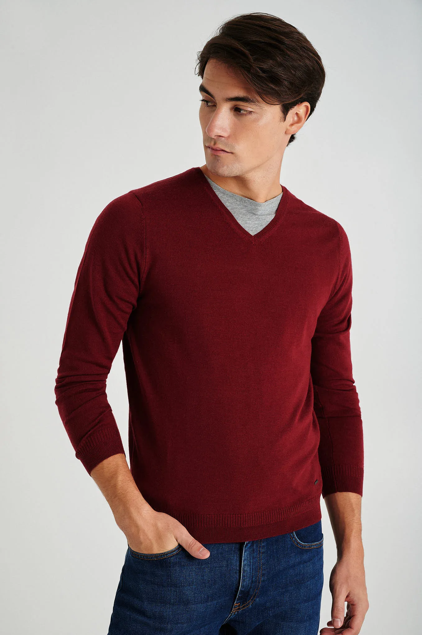 Men's extrafine merino wool V neck sweater