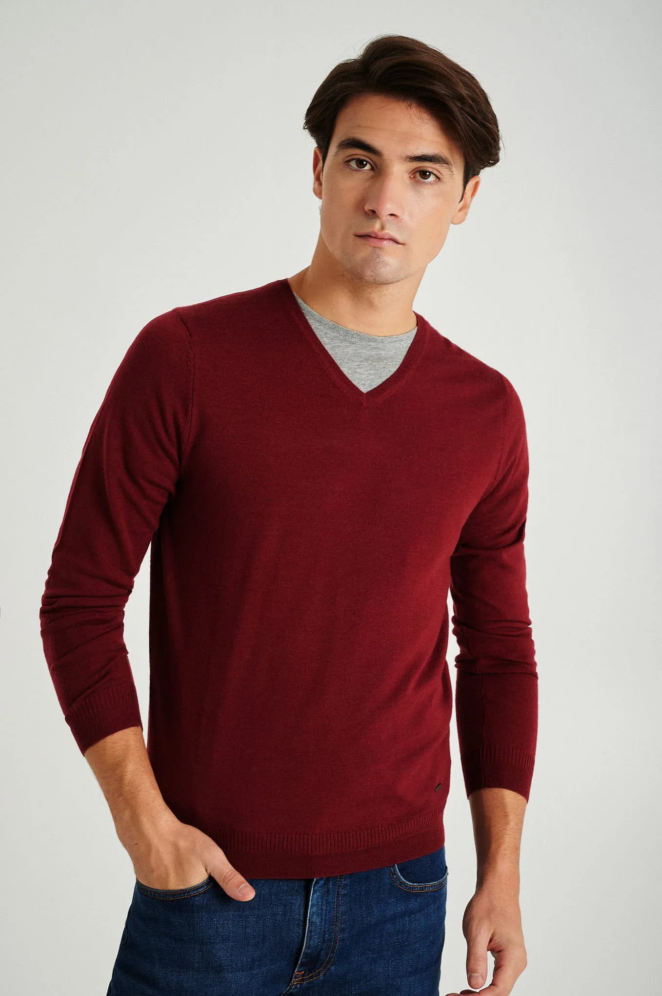 Men's extrafine merino wool V neck sweater