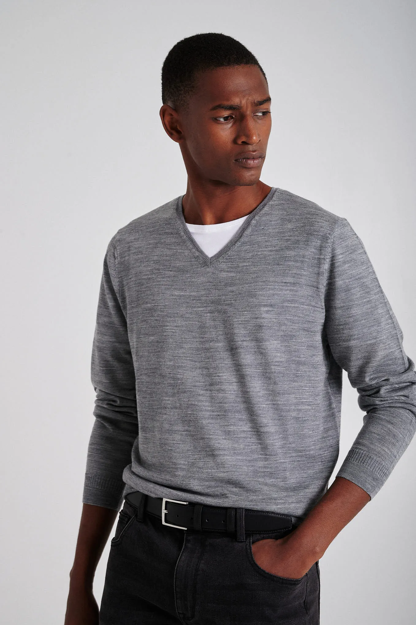 Men's extrafine merino wool V neck sweater