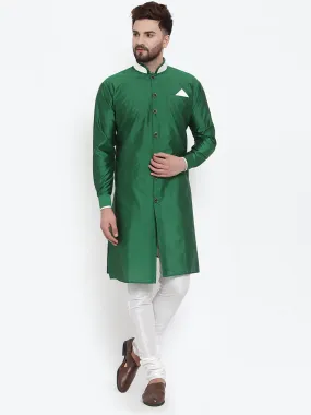 Men's Green Solid Kurta With White Churidaar Pyjama Set - Benstoke