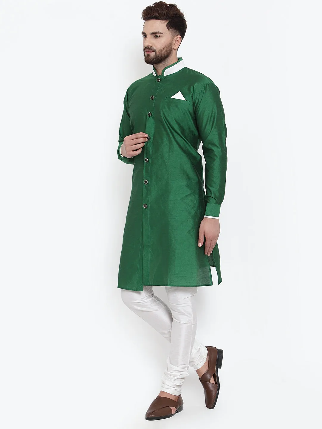 Men's Green Solid Kurta With White Churidaar Pyjama Set - Benstoke