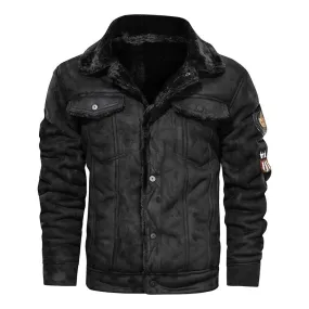 Mens Jackets and Coats Retro Style Suede Leather Jacket Men Leather Motorcycle Jacket Fur Lined Warm Coat Winter Velvet Overcoat