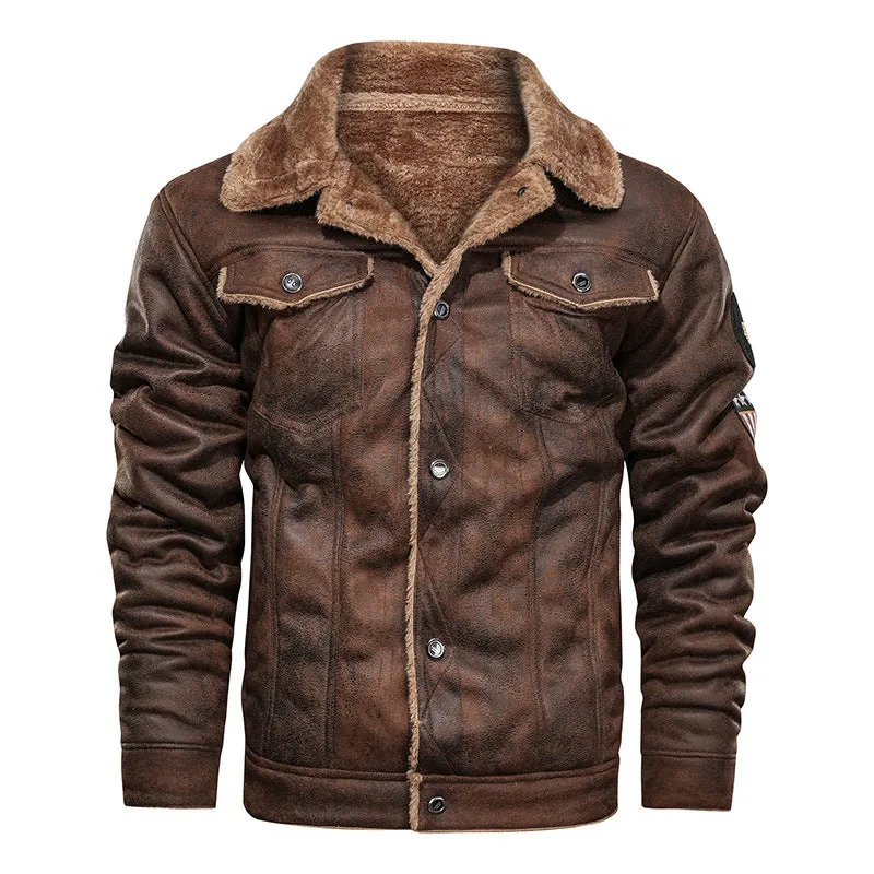 Mens Jackets and Coats Retro Style Suede Leather Jacket Men Leather Motorcycle Jacket Fur Lined Warm Coat Winter Velvet Overcoat