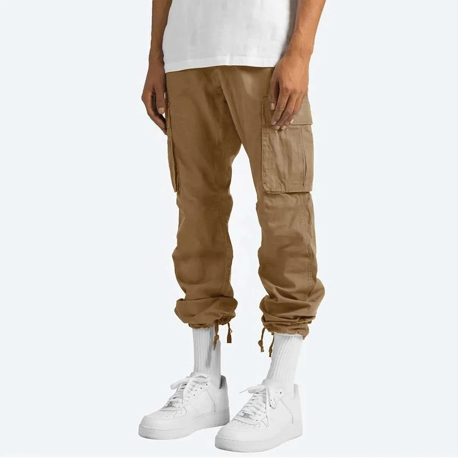 Men's Khaki Cargo Pants - Casual, Multiple Pockets, Outdoor, Straight Fit