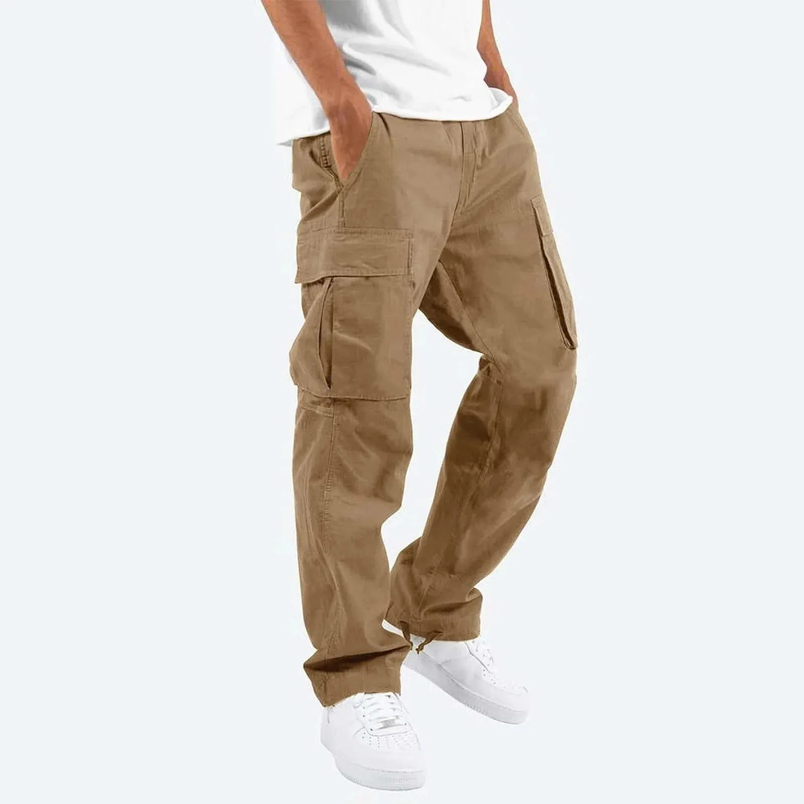 Men's Khaki Cargo Pants - Casual, Multiple Pockets, Outdoor, Straight Fit