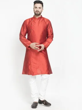 Men's Red Self Design Kurta With White Churidaar Pyjama - Benstoke