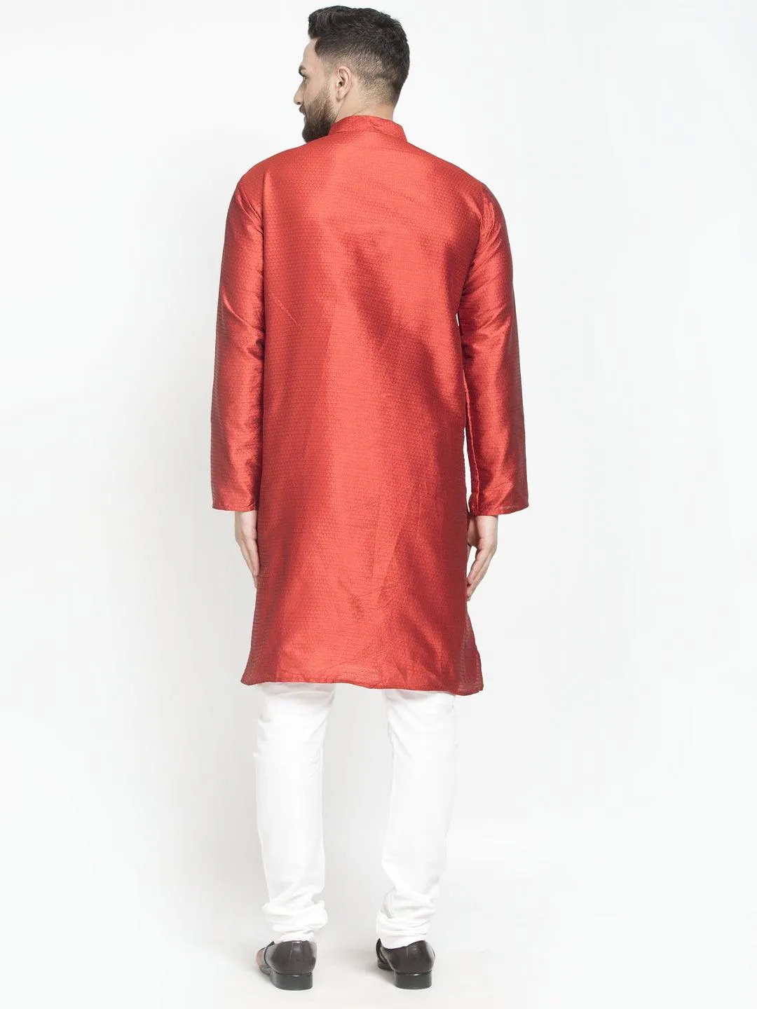 Men's Red Self Design Kurta With White Churidaar Pyjama - Benstoke