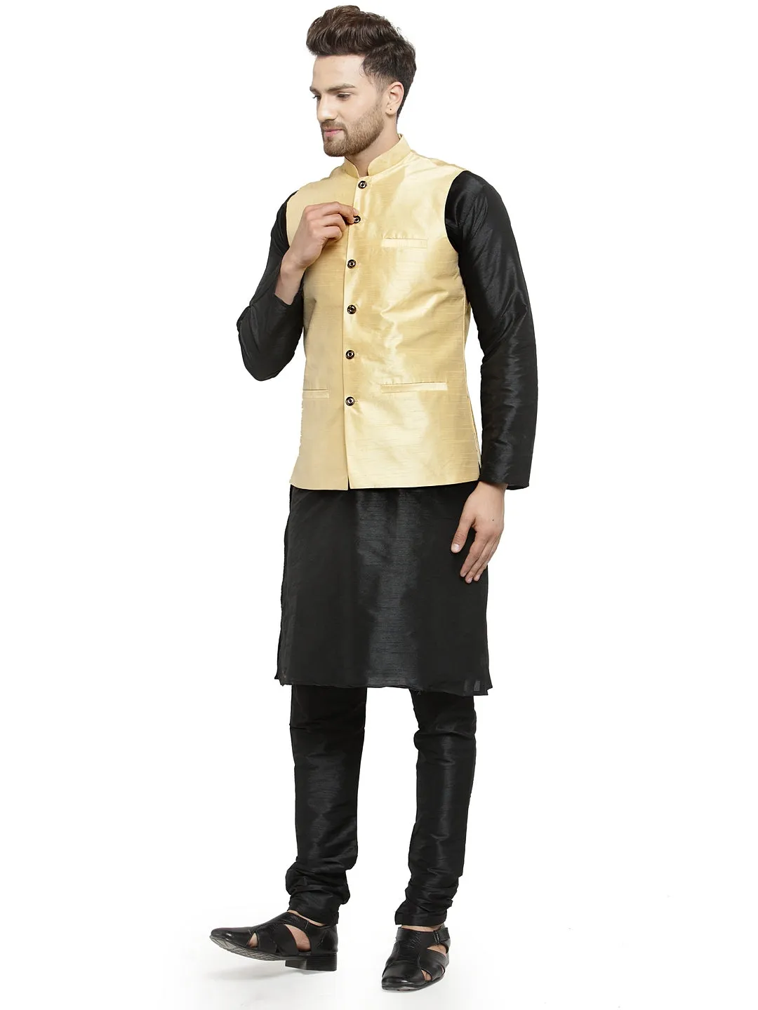 Men's Silk Blend Black Kurta With Pyjama & Gold Nehru Jacket - Benstoke