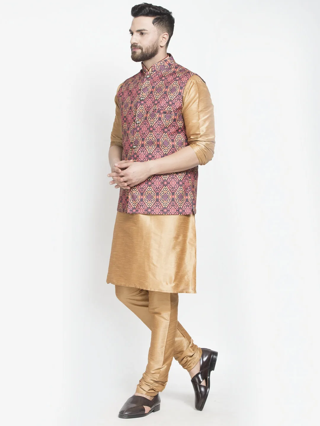 Men's Silk Blend Copper Kurta With Pyjama & Rust Printed Nehru Jacket - Benstoke