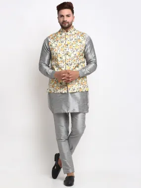 Men's Silk Blend Grey Kurta With Pyjama & Lime Green Printed Nehru Jacket - Benstoke