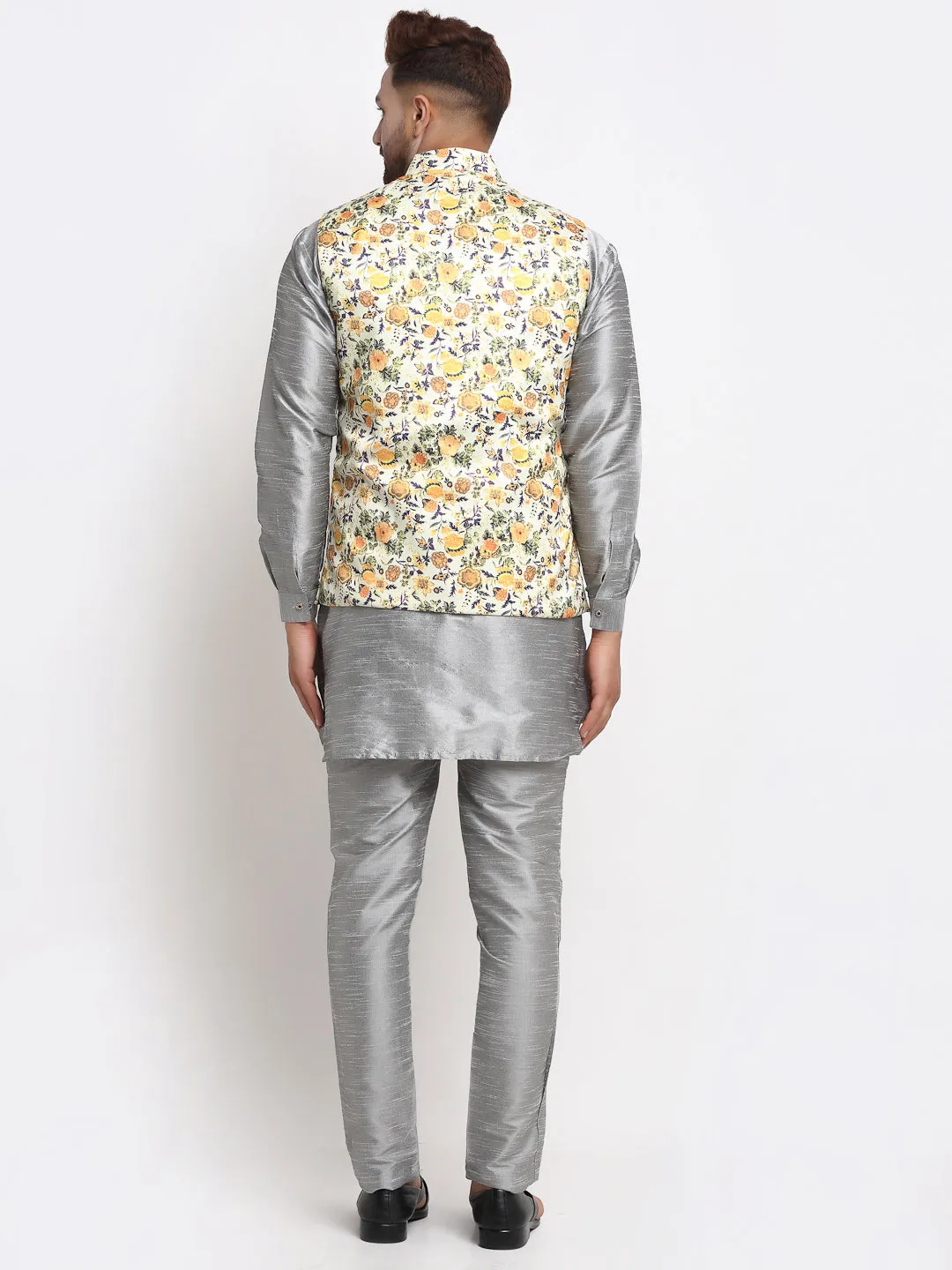 Men's Silk Blend Grey Kurta With Pyjama & Lime Green Printed Nehru Jacket - Benstoke