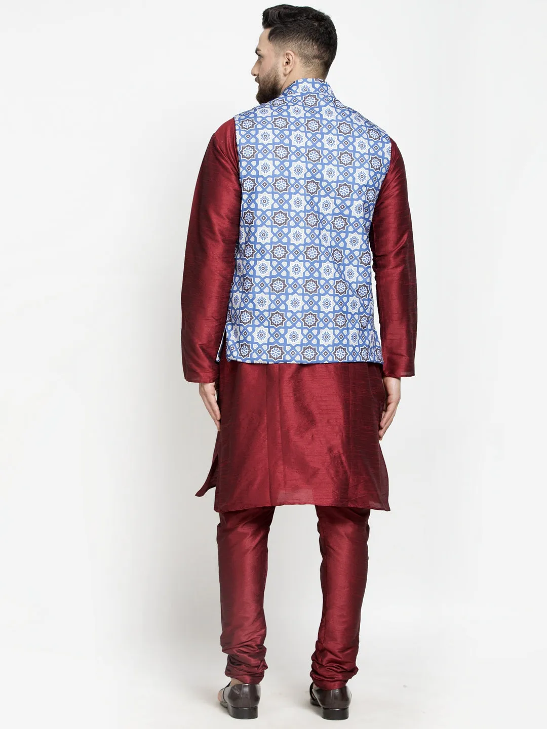 Men's Silk Blend Maroon Kurta With Pyjama & Indigo Blue Printed Nehru Jacket - Benstoke