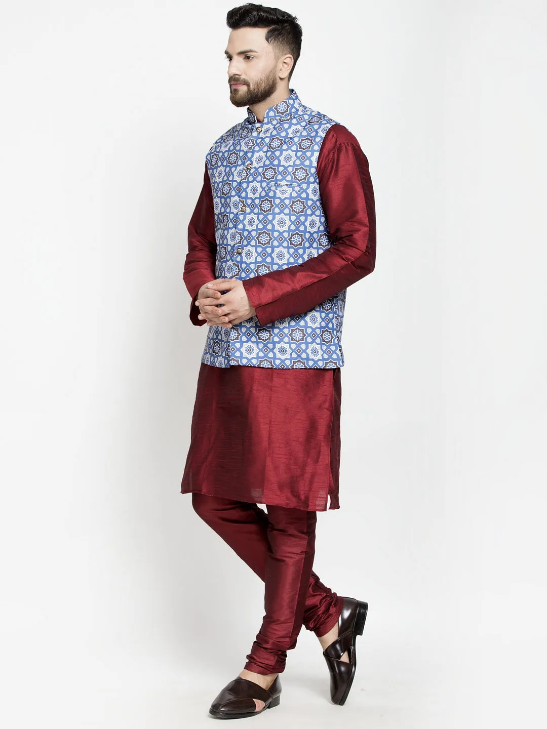 Men's Silk Blend Maroon Kurta With Pyjama & Indigo Blue Printed Nehru Jacket - Benstoke