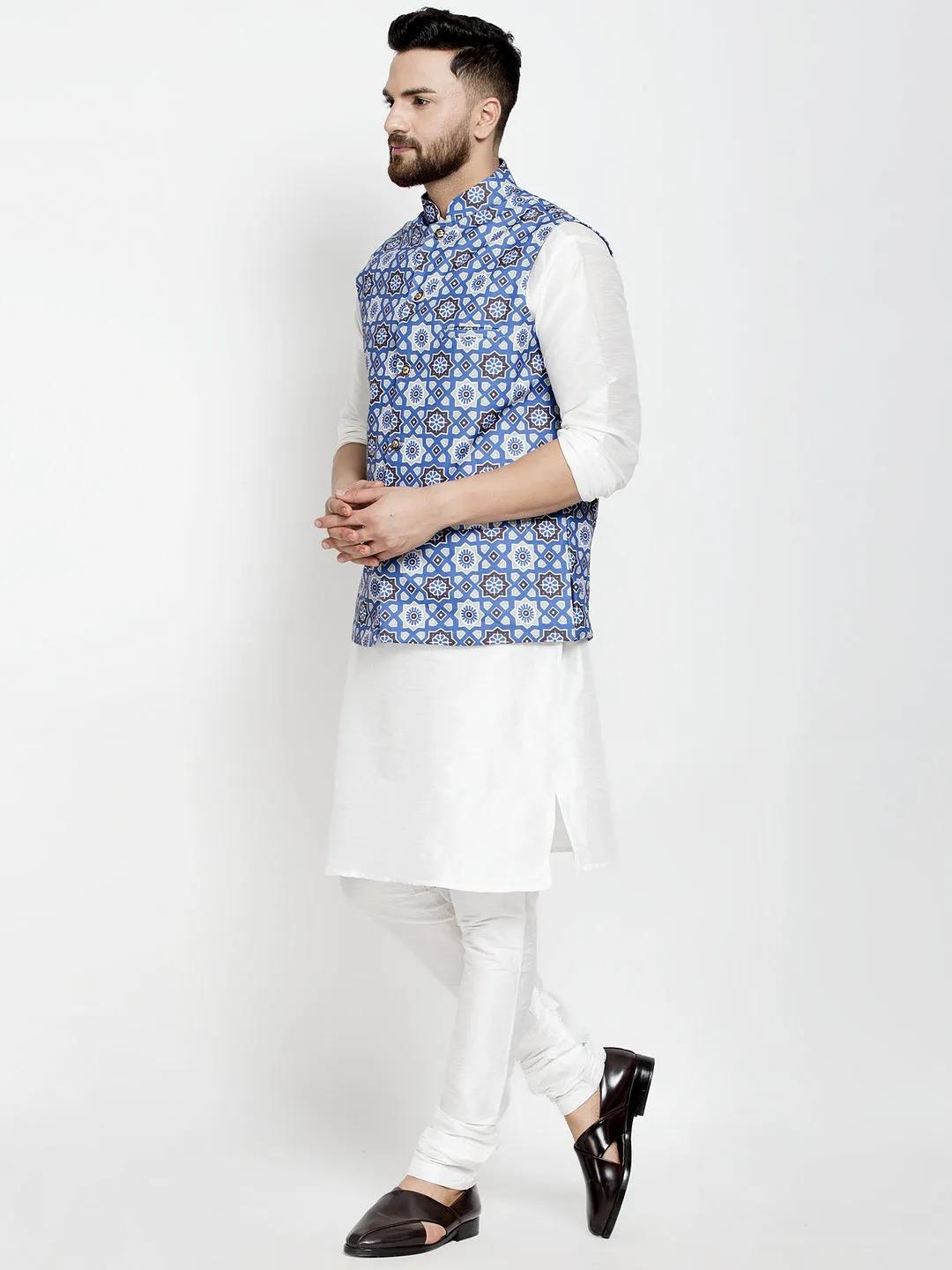 Men's Silk Blend White Kurta With Pyjama & Blue Printed Nehru Jacket - Benstoke