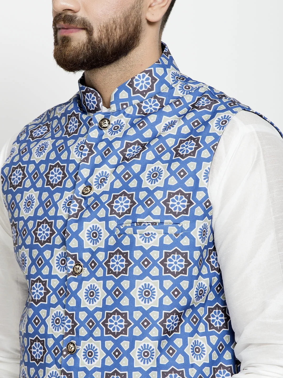 Men's Silk Blend White Kurta With Pyjama & Blue Printed Nehru Jacket - Benstoke