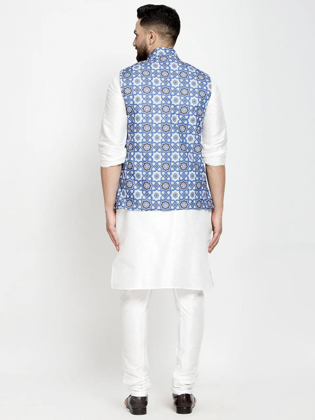 Men's Silk Blend White Kurta With Pyjama & Blue Printed Nehru Jacket - Benstoke