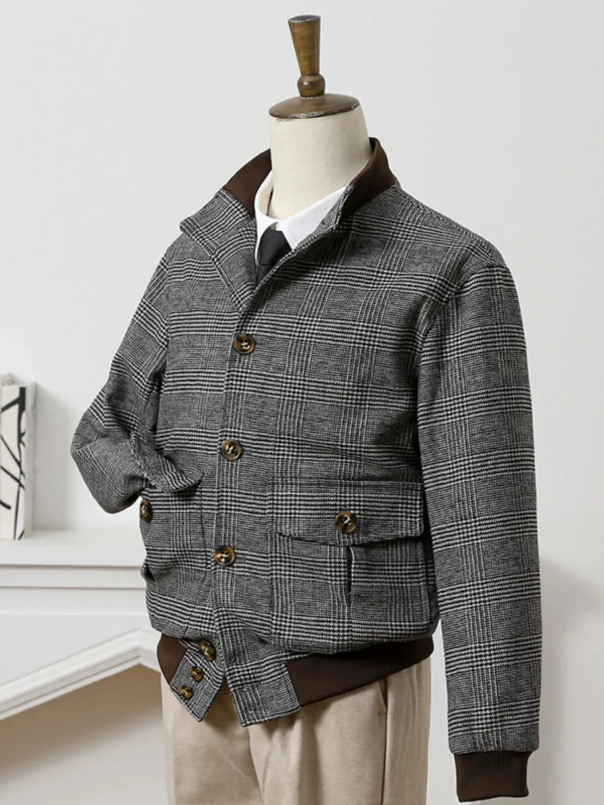 Men's Tweed Bomber Jacket Houndstooth Pattern Military Style