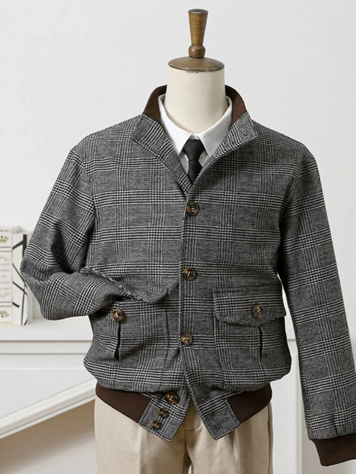 Men's Tweed Bomber Jacket Houndstooth Pattern Military Style