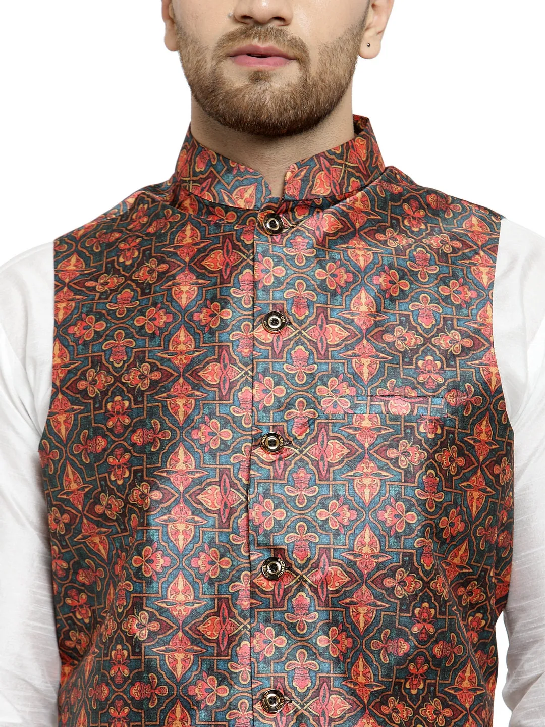 Men's White Kurta With Dhoti & Dark Green Printed Nehru Jacket - Benstoke