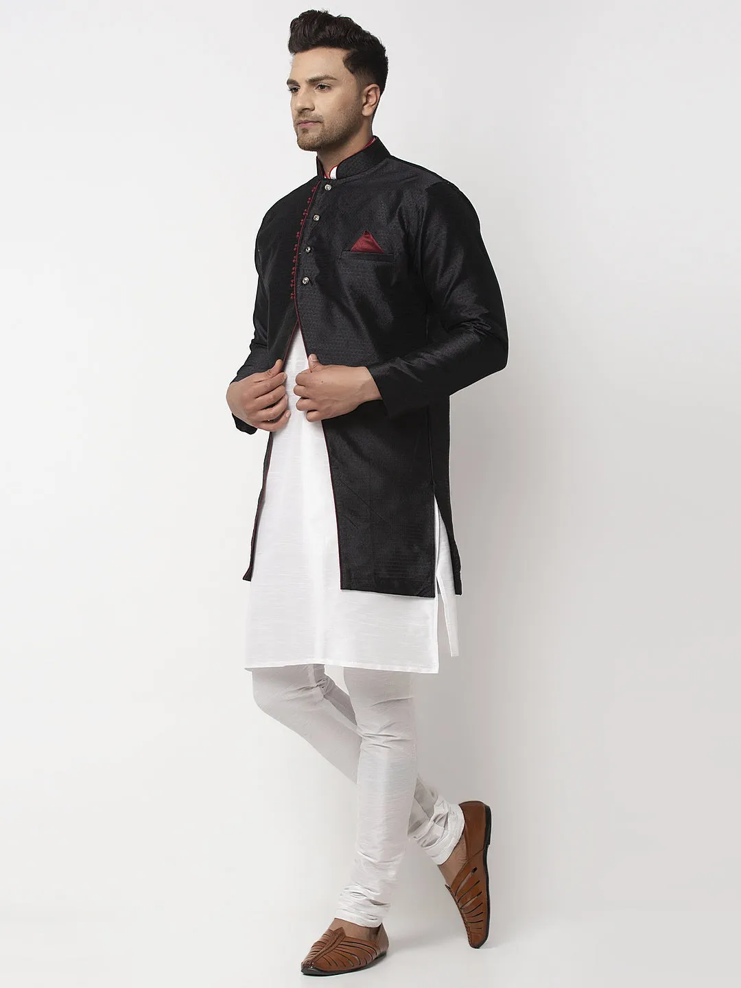 Men's White Kurta With Pyjama & Black Self Design Jacket - Benstoke