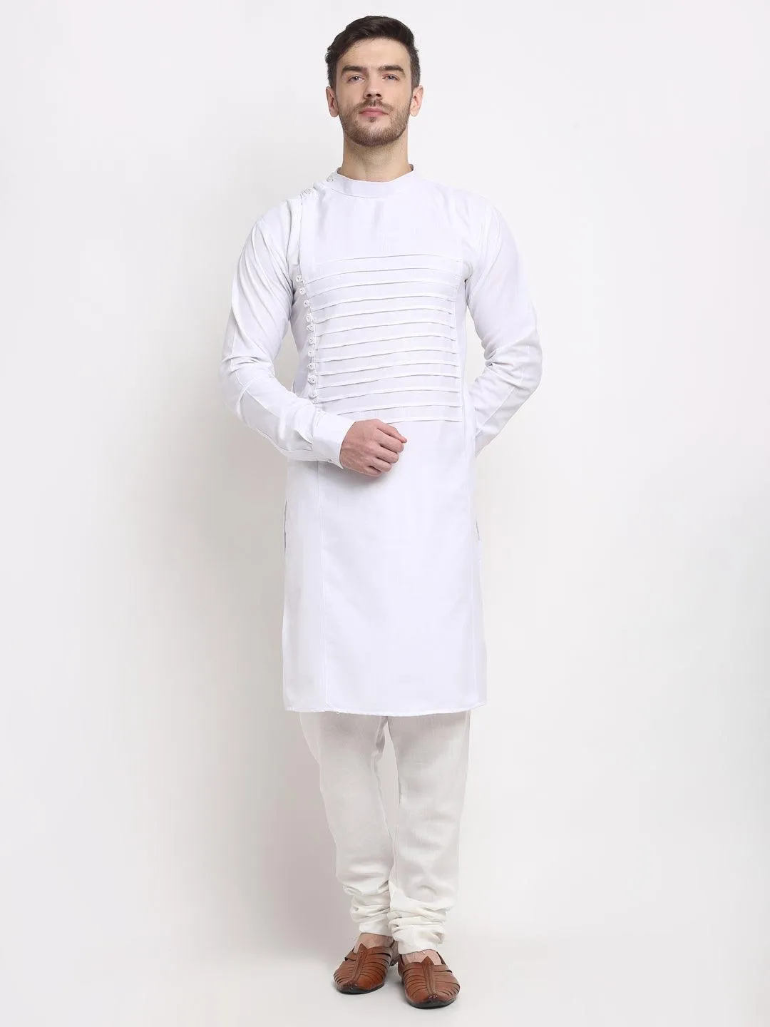 Men's White Pintuck Design Kurta With Churidaar Pyjama - Benstoke