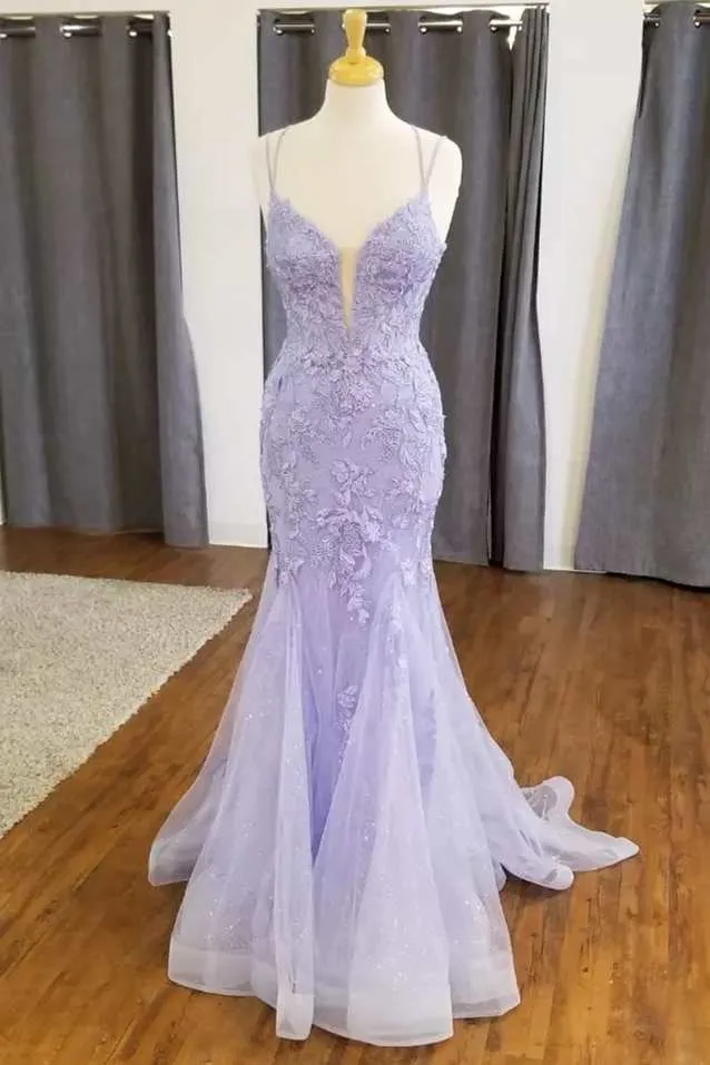 Mermaid Lavender Prom Dress Floral Lace Straps Long Prom Dresses Outfits