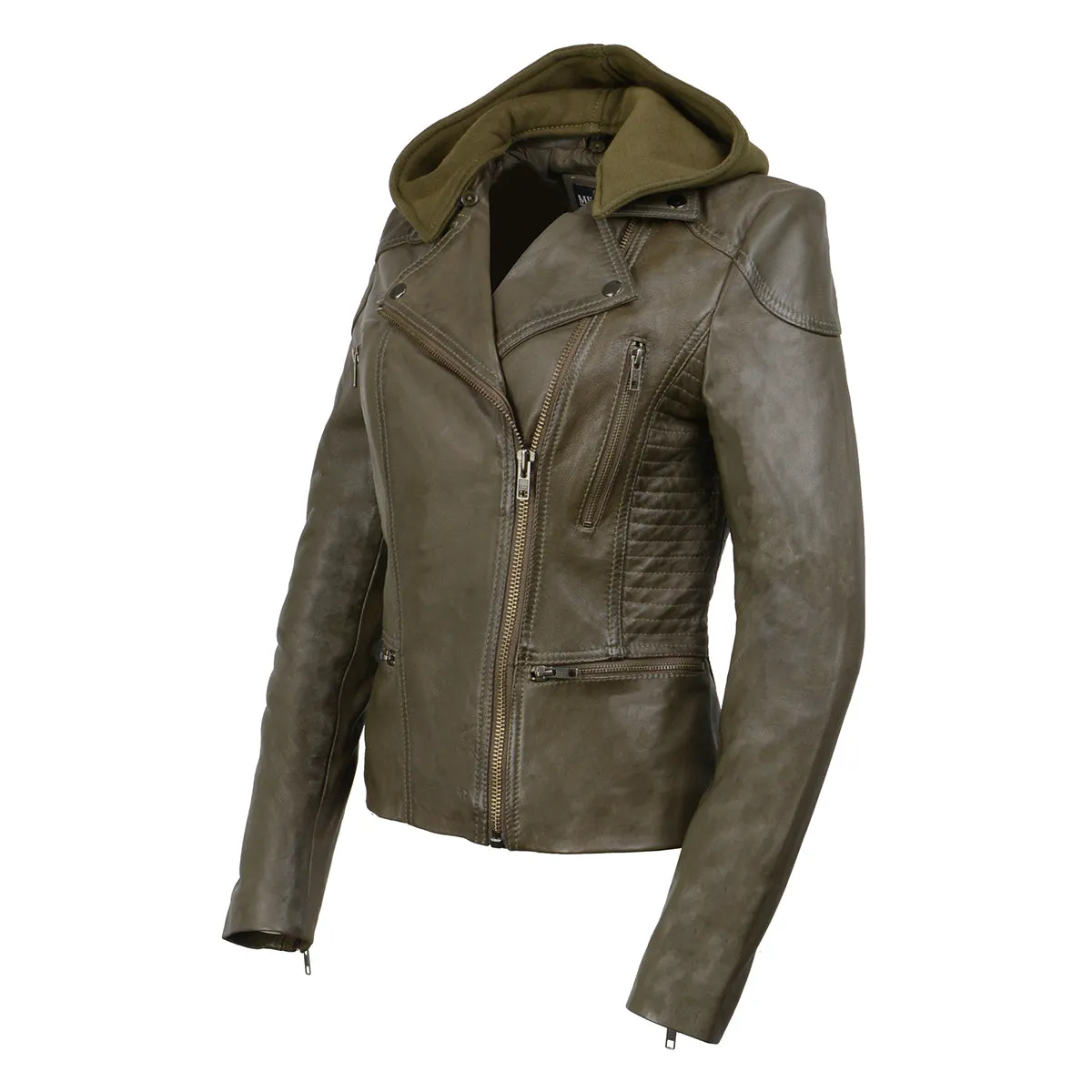 Milwaukee Leather SFL2815 Womens Olive Motorcycle Style Leather Jacket with Hoodie and Asymmetrical Zipper