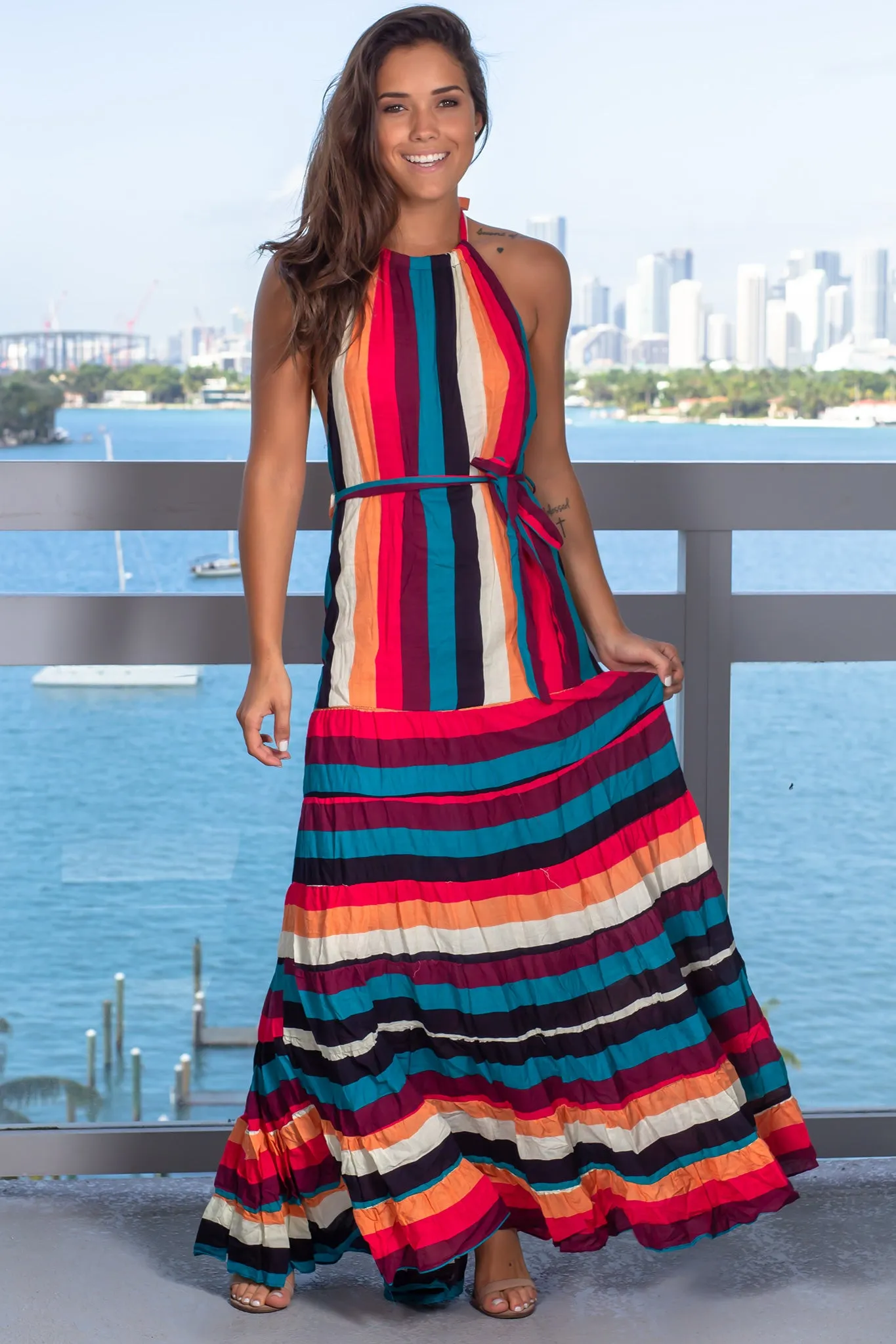 Multi Color Striped Halter Neck Maxi Dress