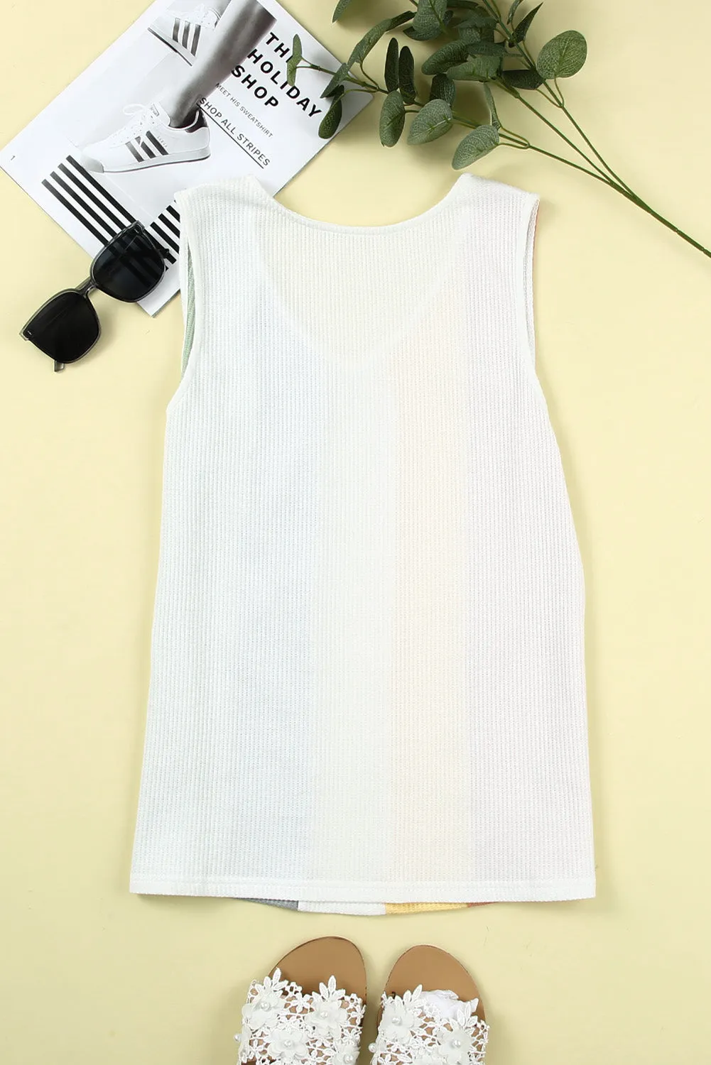 Multicolor Color Block V-Neck Waffle Knit Tank Top