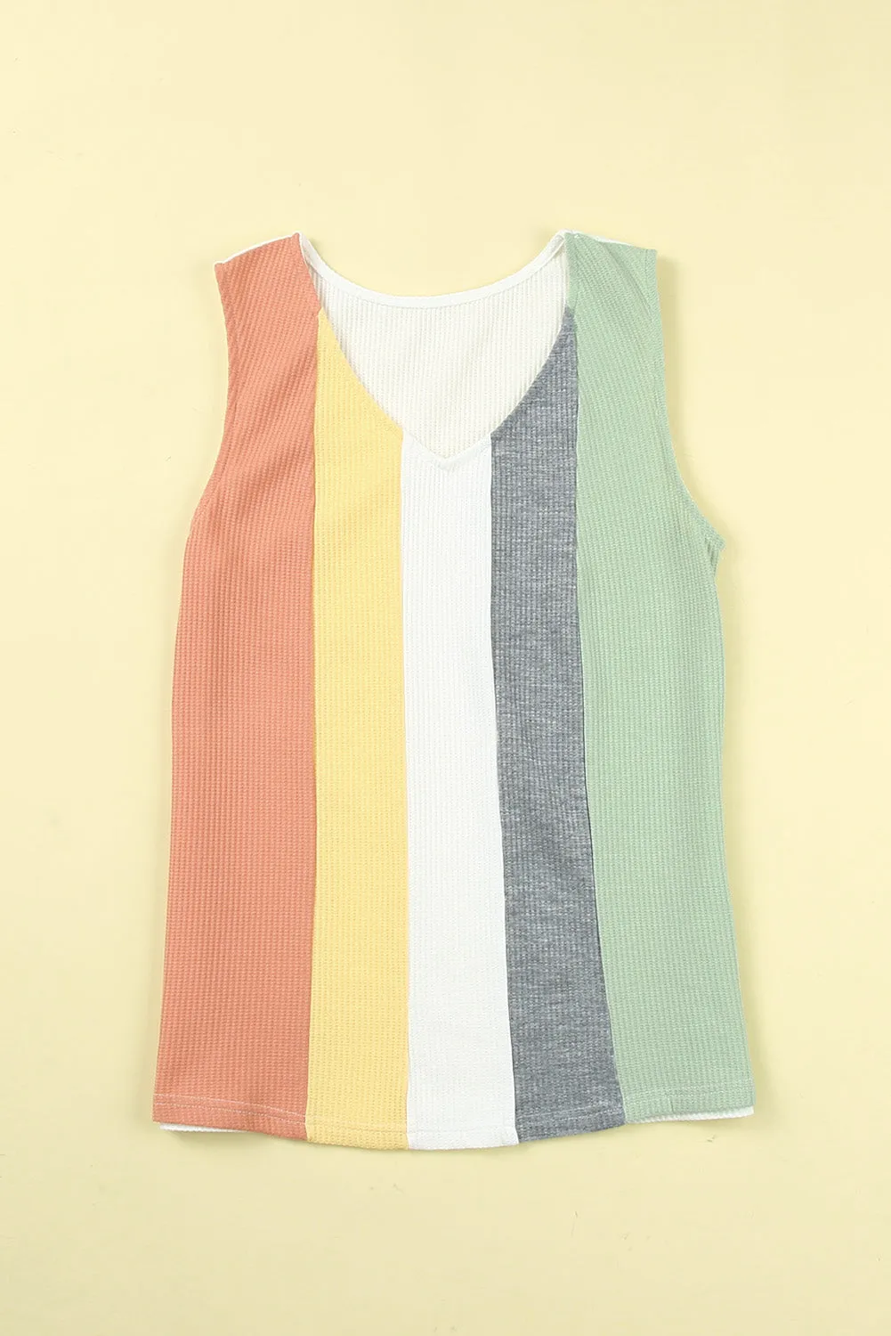 Multicolor Color Block V-Neck Waffle Knit Tank Top