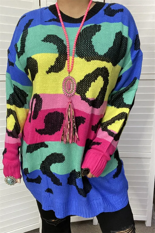 MY13437 Multi color leopard printed long sweater