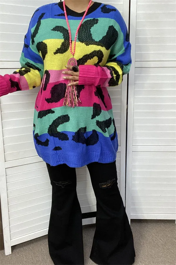 MY13437 Multi color leopard printed long sweater