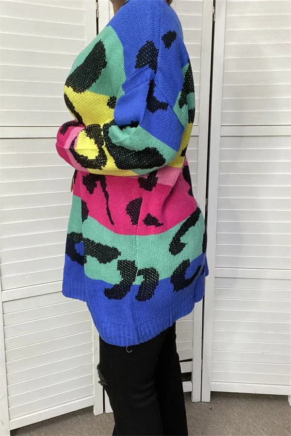 MY13437 Multi color leopard printed long sweater