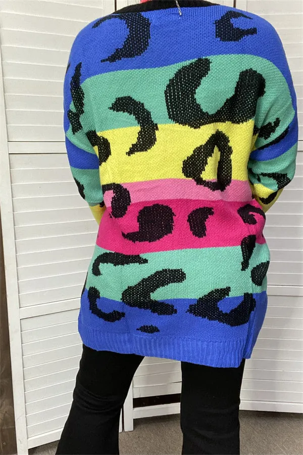 MY13437 Multi color leopard printed long sweater