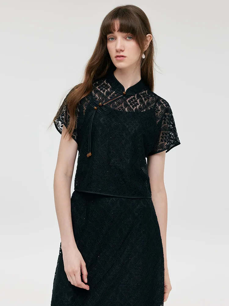 New Chinese-Style Lace Top And Skirt And Camisole Three-Piece Set