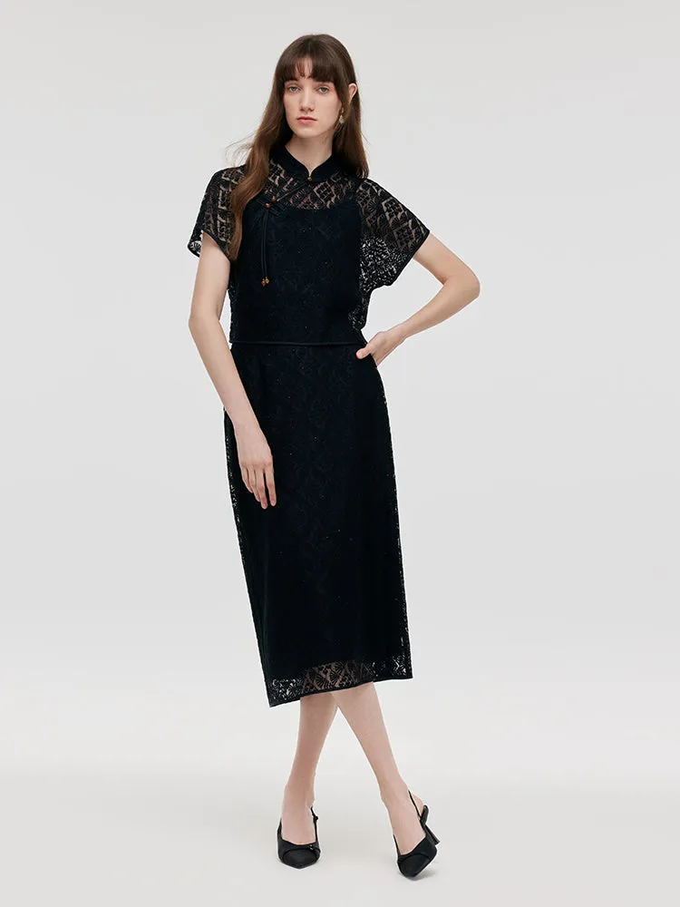 New Chinese-Style Lace Top And Skirt And Camisole Three-Piece Set