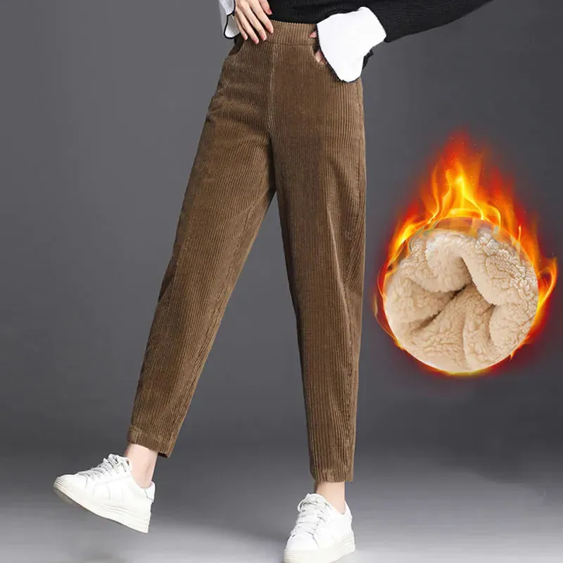 OCW Women High Waist Corduroy Warm Plush Inside Comfortable Winter Pants