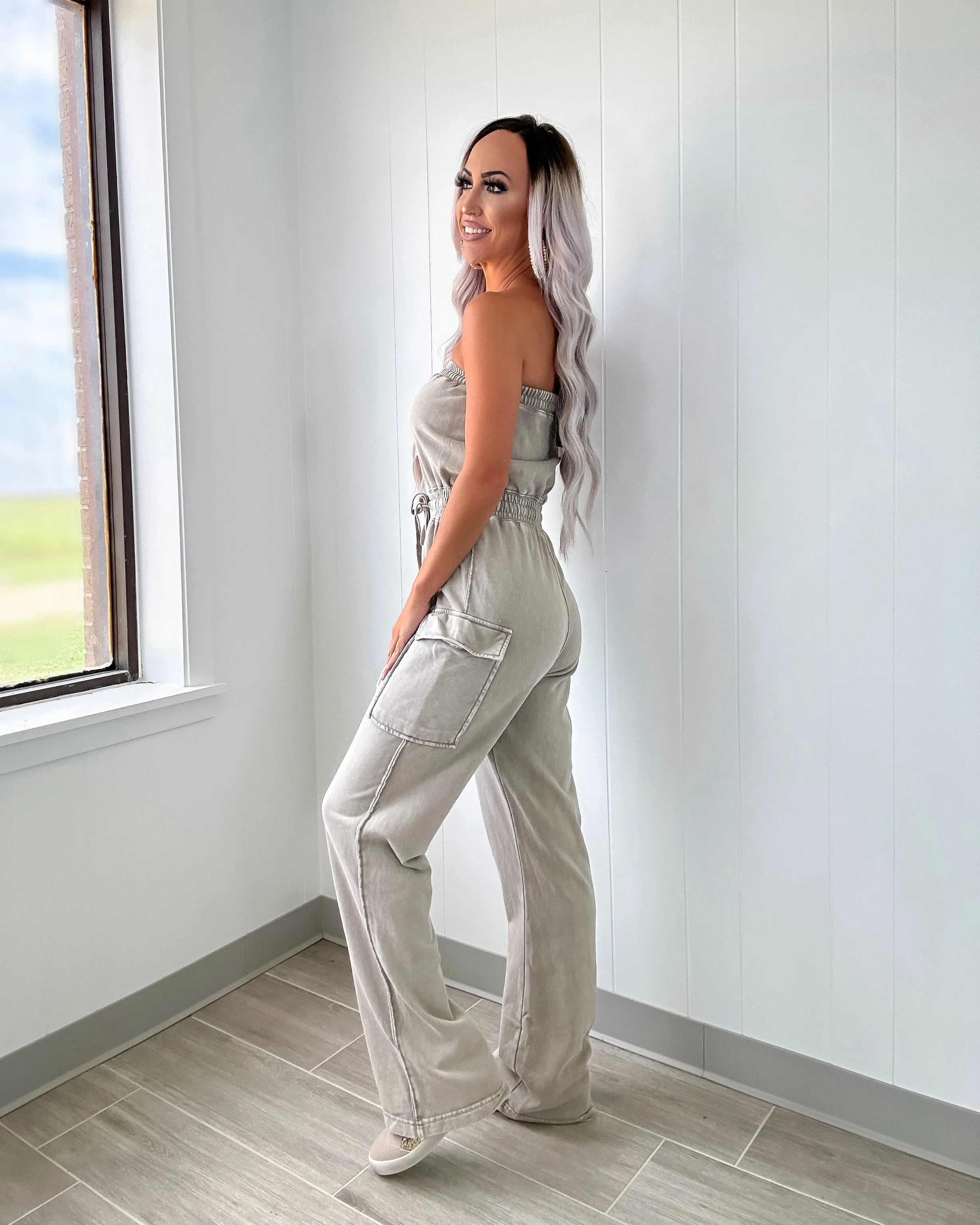 On The Go Cargo Tube Top Jumpsuit - Ash