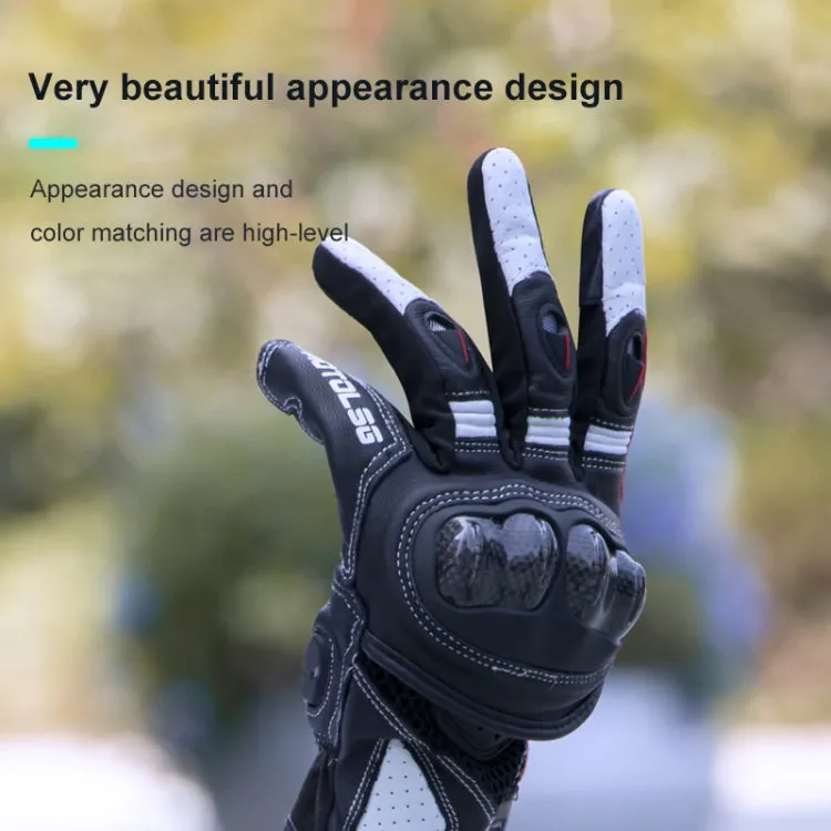 One Pair Genuine Leather Motorcycle Gloves with Carbon Fiber Hard Knuckle Touch Screen, Size:L(Black)