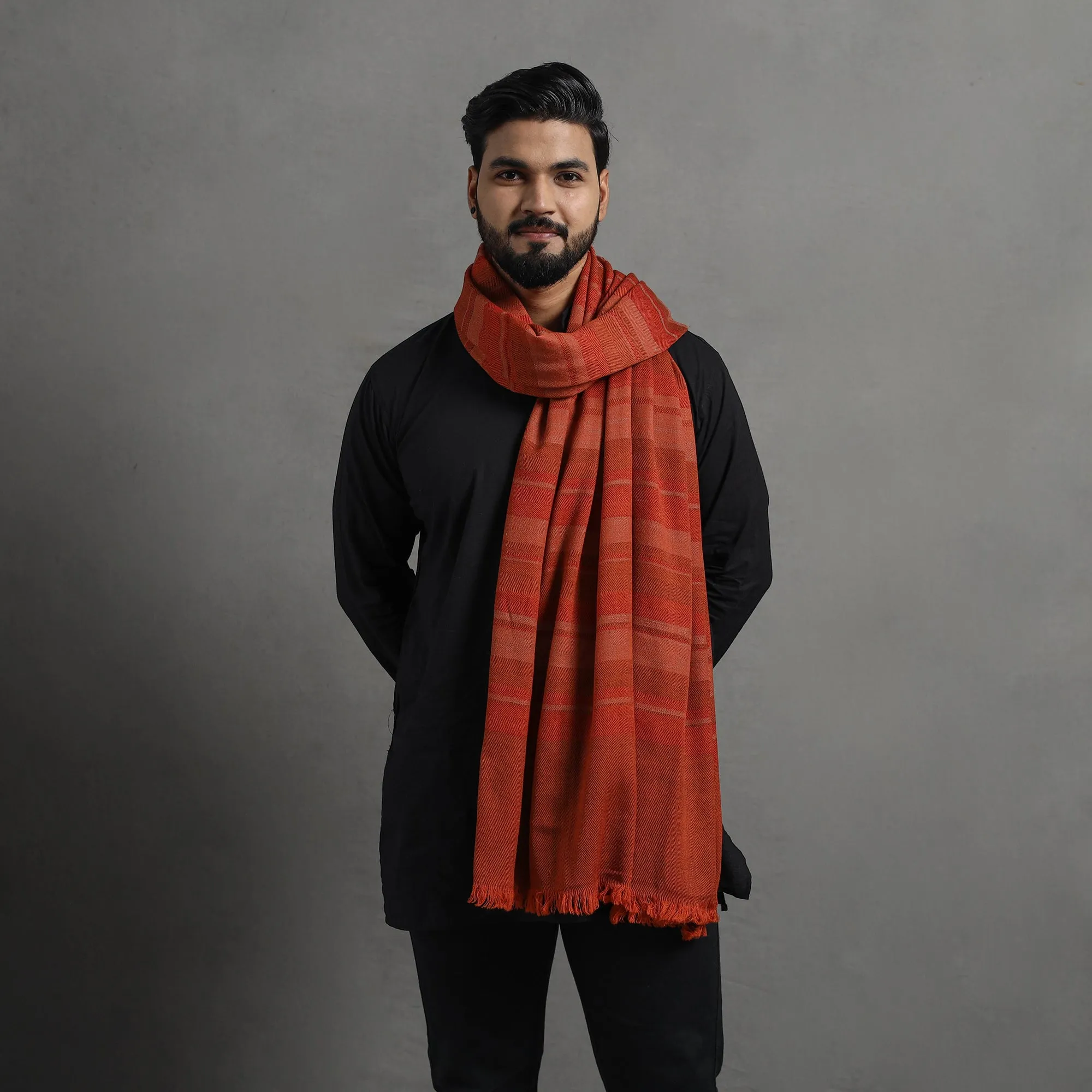 Orange - Kumaun Handwoven Pure Merino Wool Shawl for Men 11