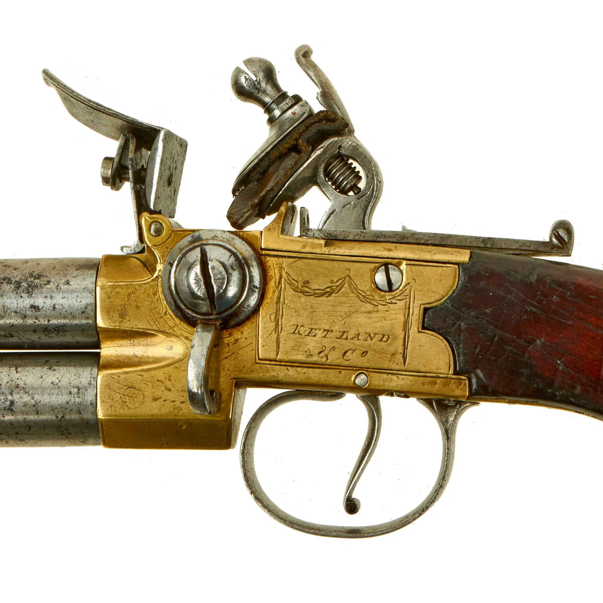 Original British Brass Framed Over & Under Flintlock Double Barrel Tap Action Pistol by Ketland & Co. - circa 1800