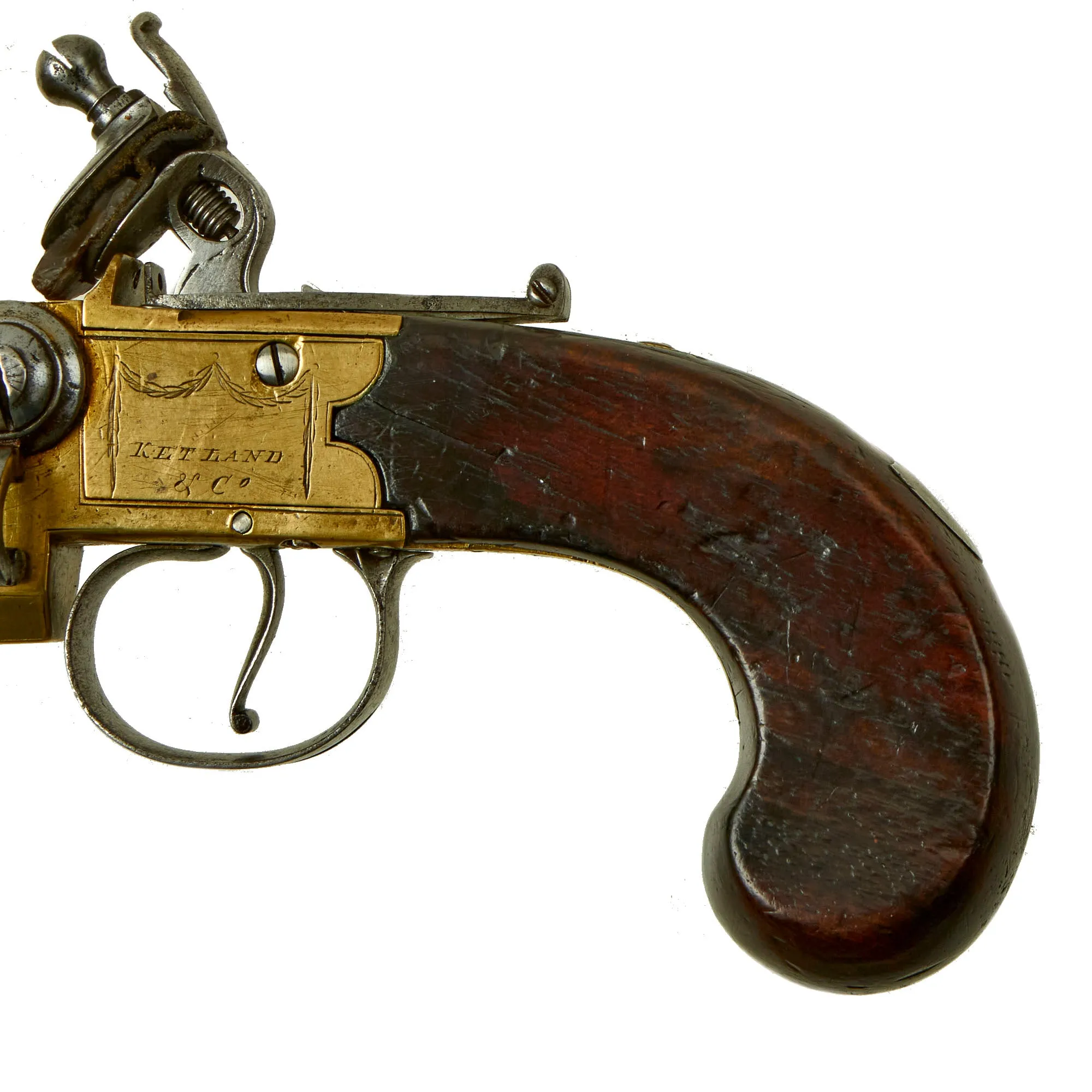 Original British Brass Framed Over & Under Flintlock Double Barrel Tap Action Pistol by Ketland & Co. - circa 1800